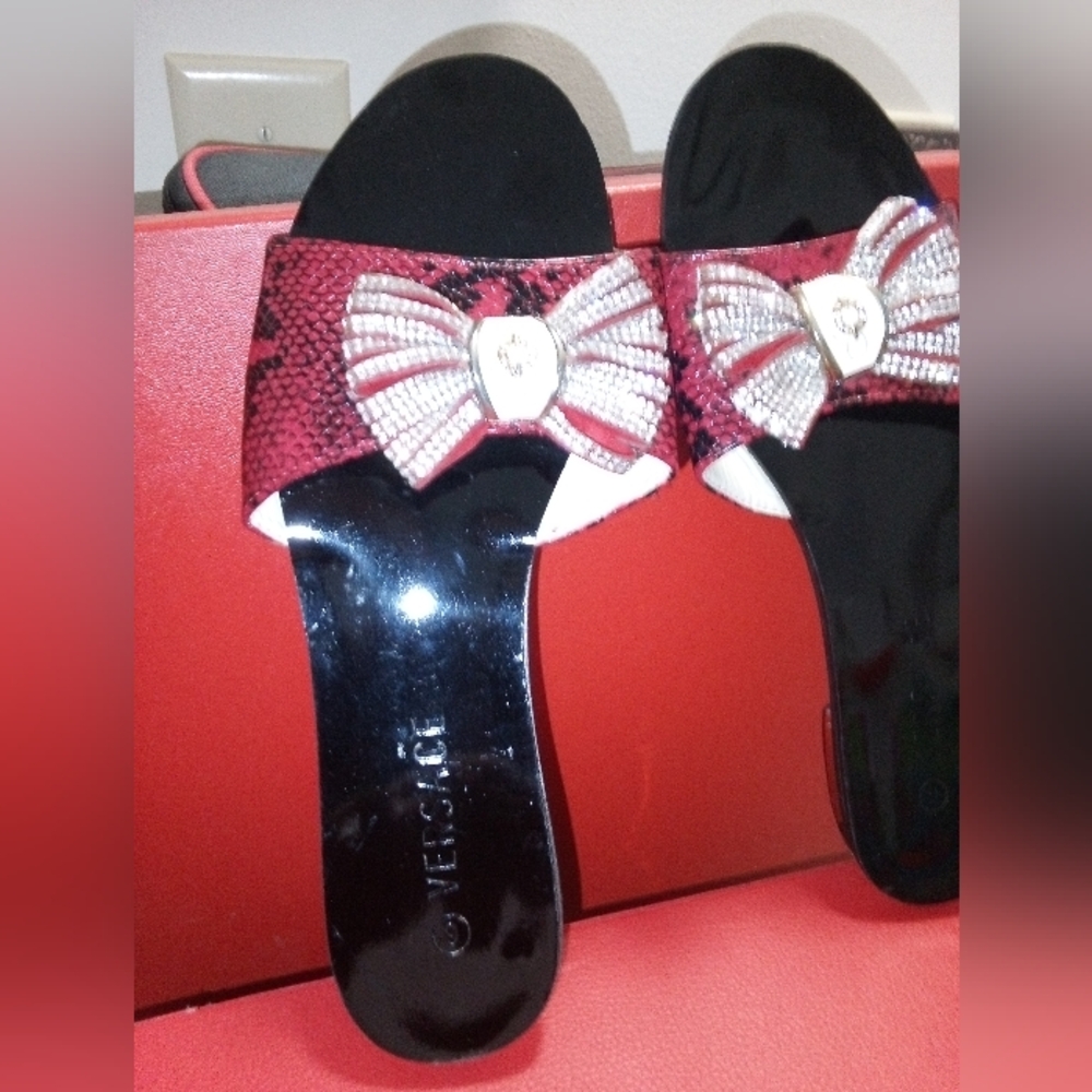 Versace Black and Red Sandals with Bow Accent